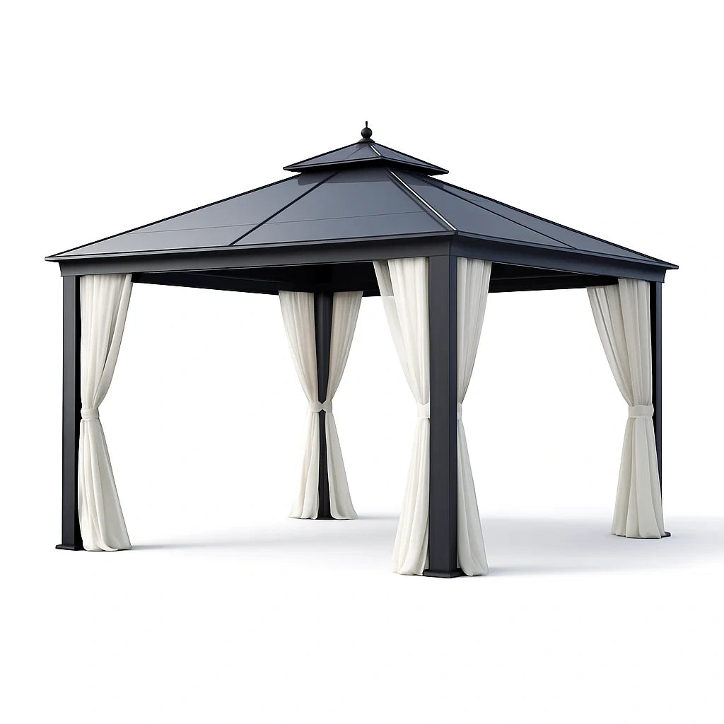 Pavillon en aluminium avec toit en acier noir et rideaux blanc cassé - 2026
