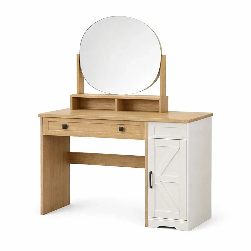 Coiffeuse avec miroir rond en chêne et mdf blanc - 2026