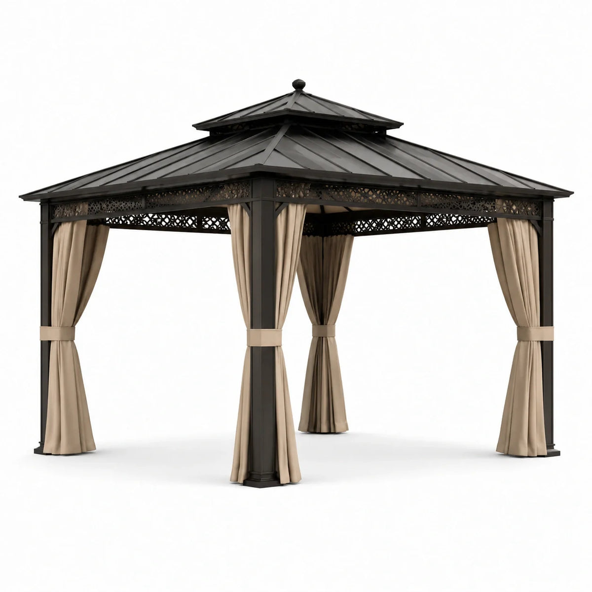 Pavillon en aluminium noir avec toit en acier et rideaux en polyester beige 3x4m - 2026