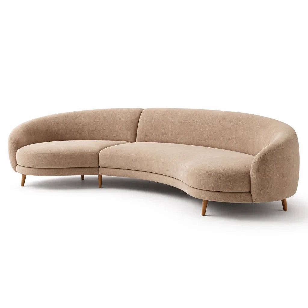 Canapé courbé en tissu polyester et bois beige - 2026