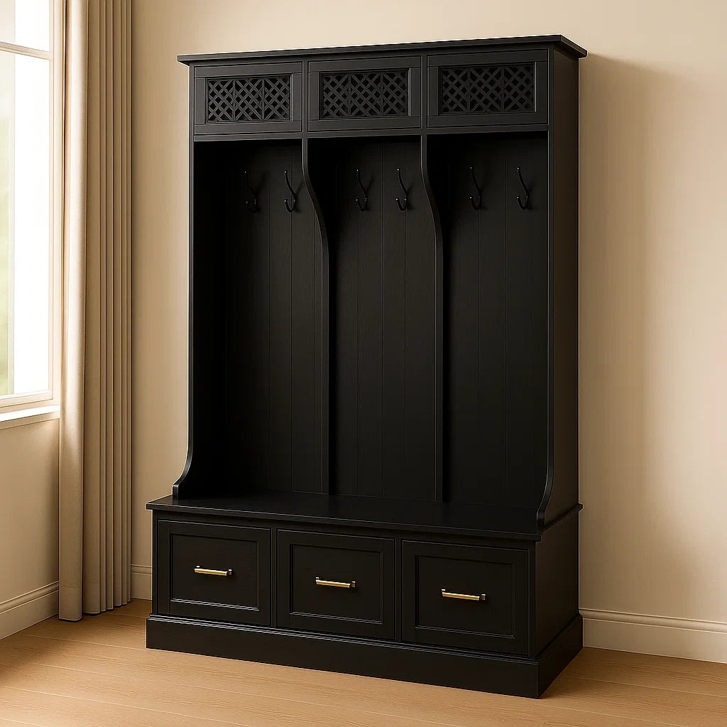 Meubles d'entrée avec porte-manteau vestiaire en bois noir avec crochets et tiroirs H200 cm L150 cm P45 cm - 2026