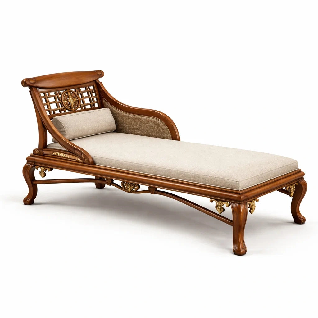 Chaise longue en bois massif tissu beige - 2026