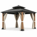 Tonnelle de jardin 400 × 300 × 290 cm avec toit rigide noir, poteaux effet bois naturel et rideaux beiges - 2026