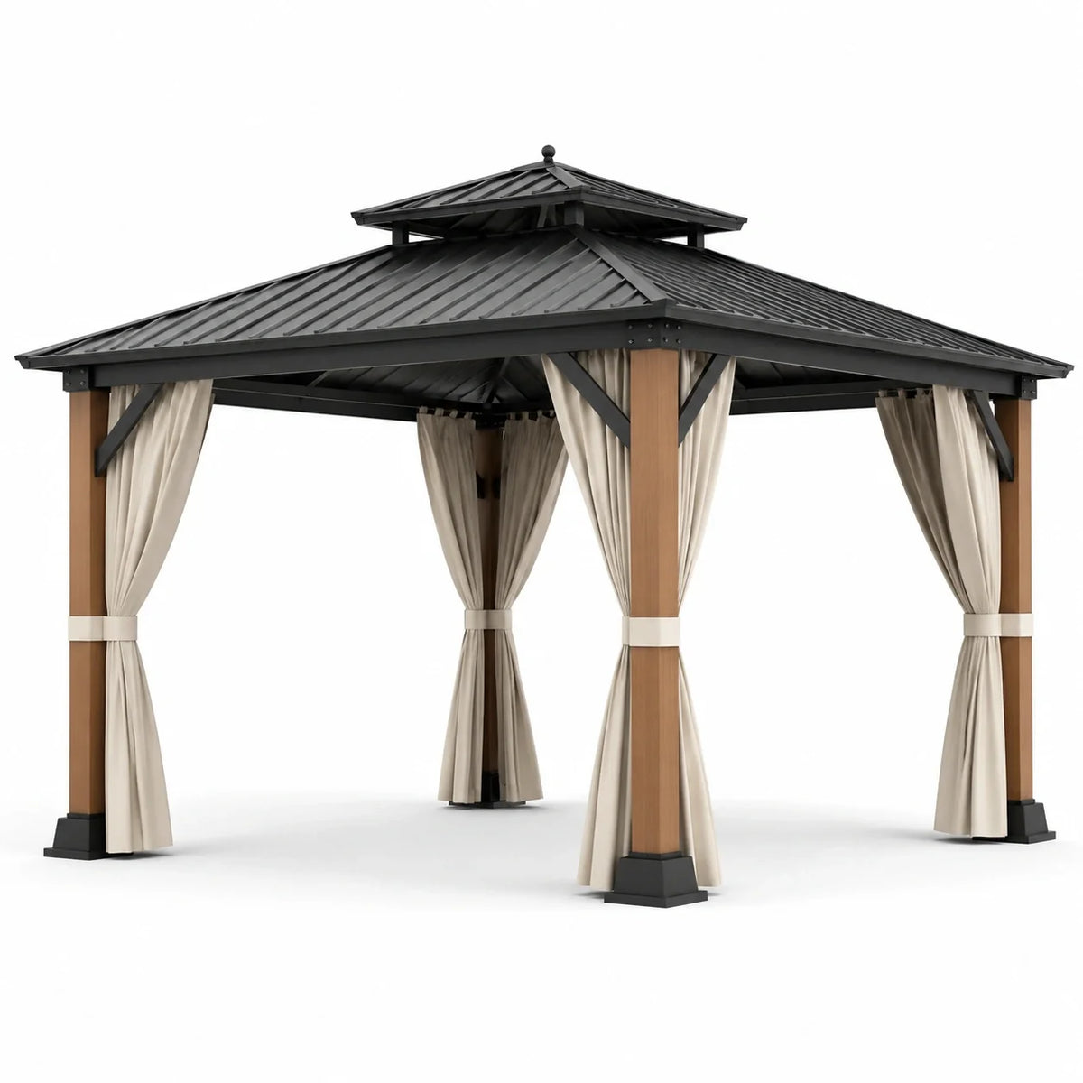 Tonnelle de jardin 400 × 300 × 290 cm avec toit rigide noir, poteaux effet bois naturel et rideaux beiges - 2026