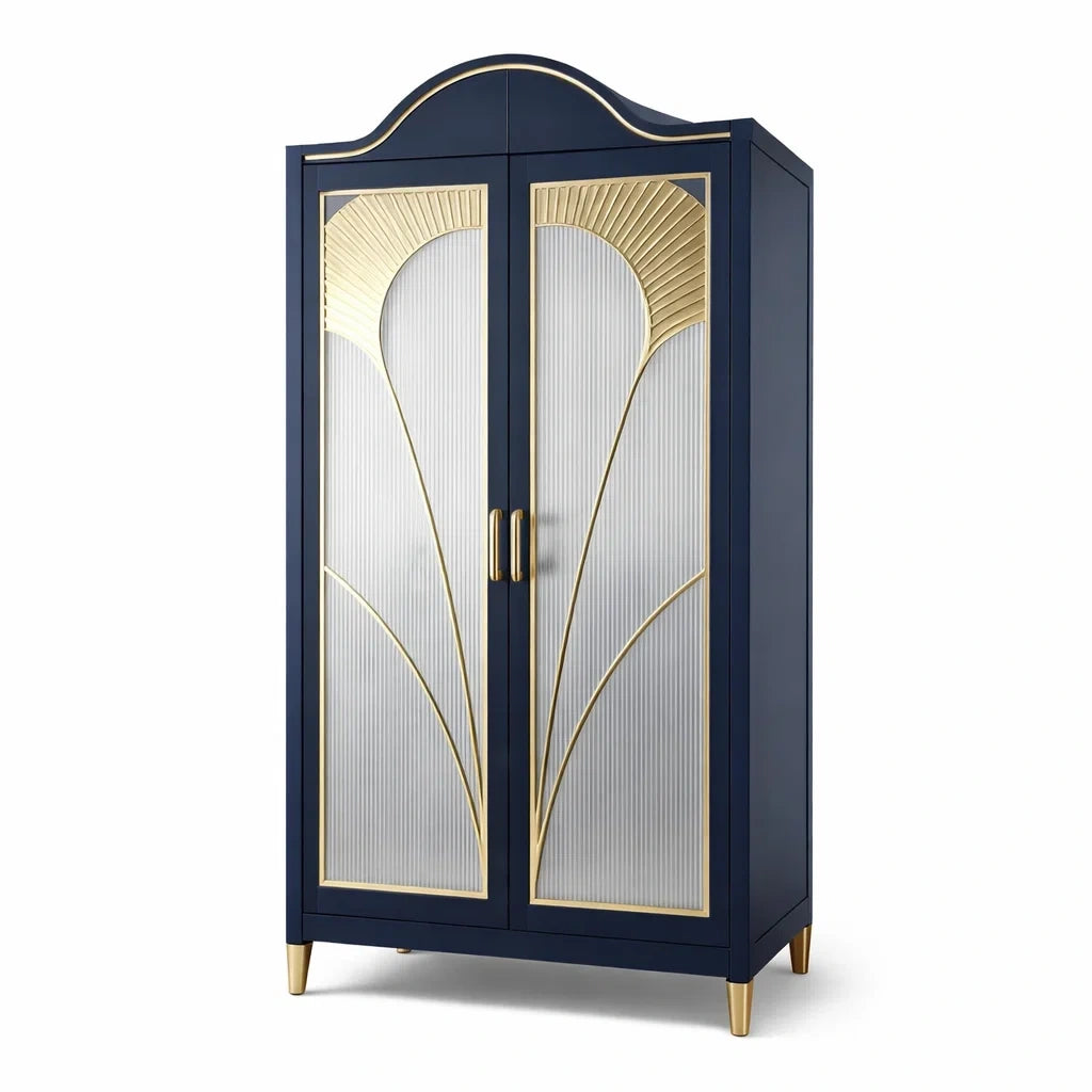 Armoire en Bois avec Métal et Verre Cannelé Bleu et Doré - 2026