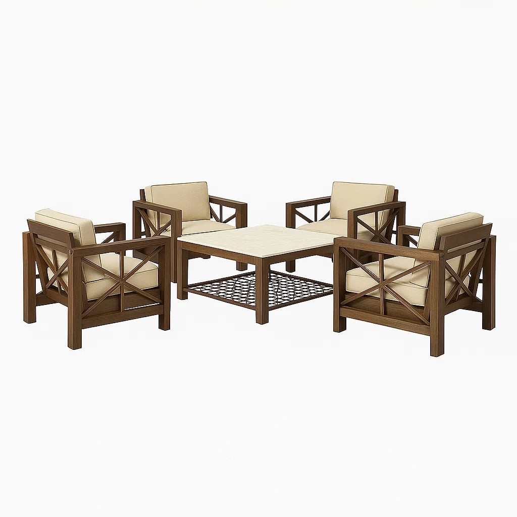 Salon de jardin en bois avec coussins beiges - 2026