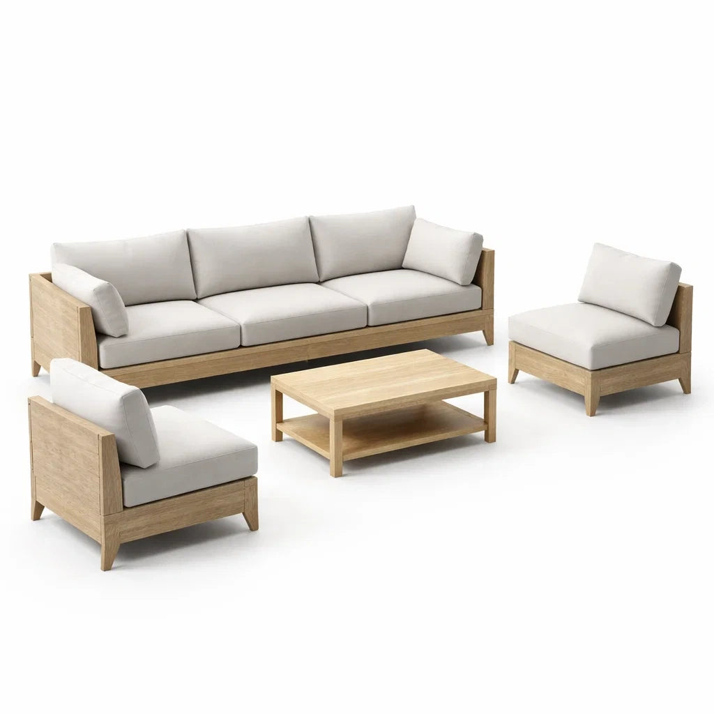 Ensemble de Salon en Bois avec Canapé et Fauteuils Beige - 2026