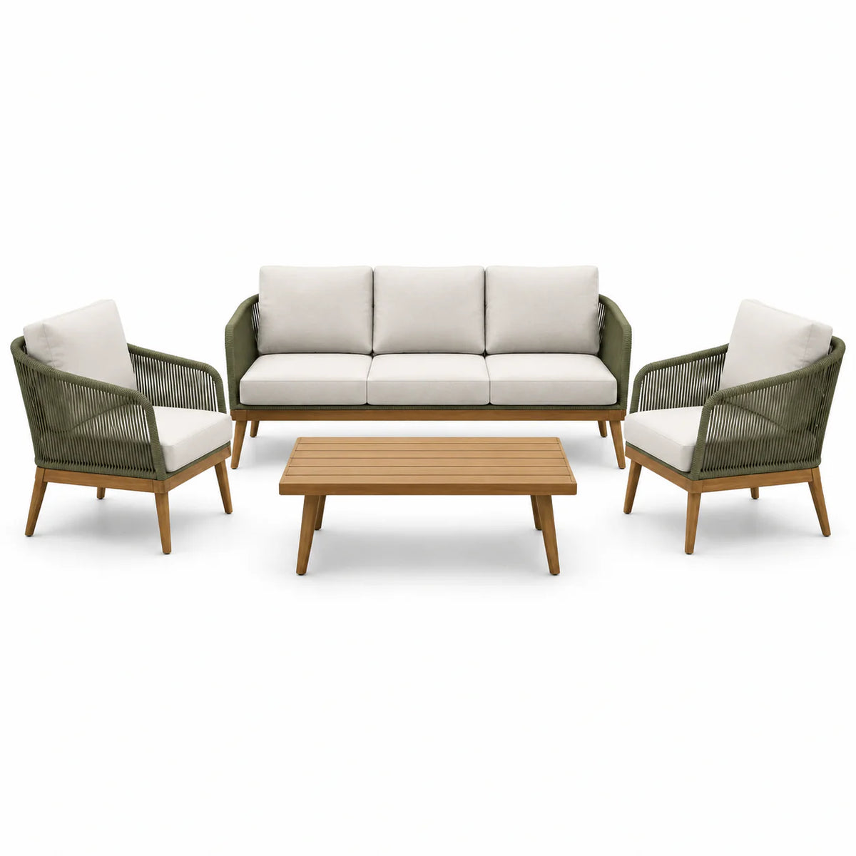 Ensemble de salon de jardin en bois et corde, coussins beige - 2026