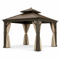 Pavillon en aluminium et acier marron avec rideaux beiges - 2026