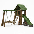 Espace de jeux en bois avec balançoire et toboggan en polyéthylène vert - 2026