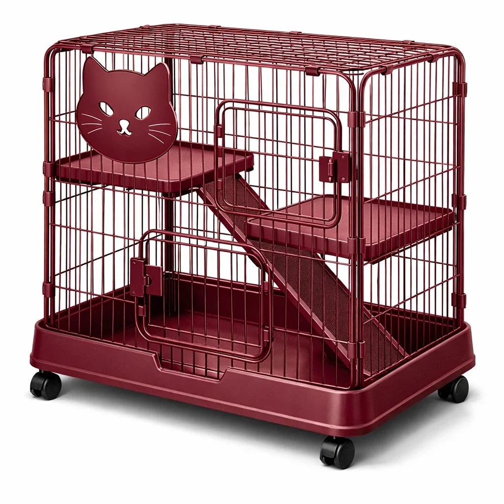 Cage à chat en métal bordeaux avec roulettes - 2026