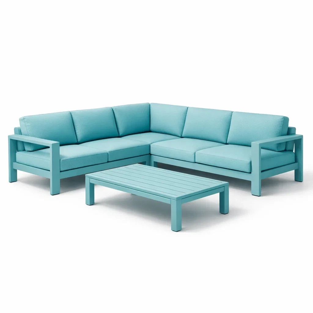 Salon de jardin en métal bleu avec coussins en polyester - 2026