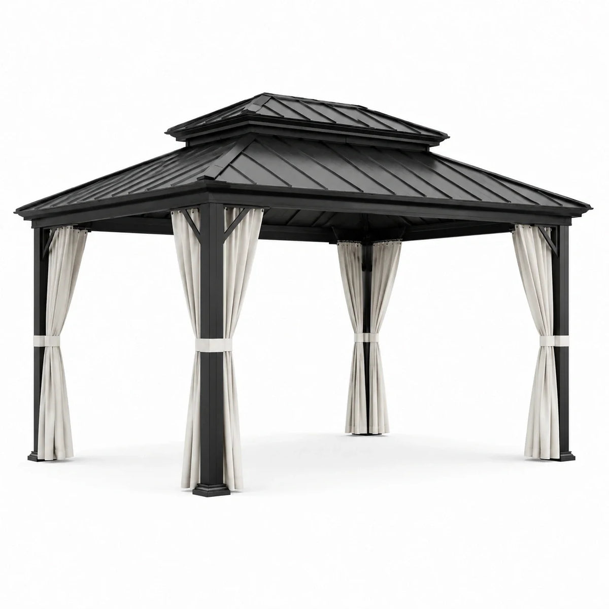 Pavillon en aluminium avec toit en acier et rideaux en polyester noir/beige - 2026
