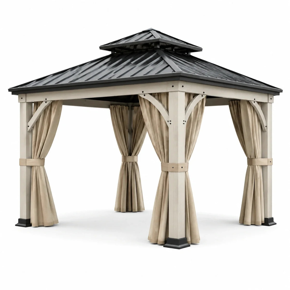 Tonnelle de jardin carrée en métal beige et anthracite 300 × 300 × 280 cm avec toit rigide et rideaux - 2026