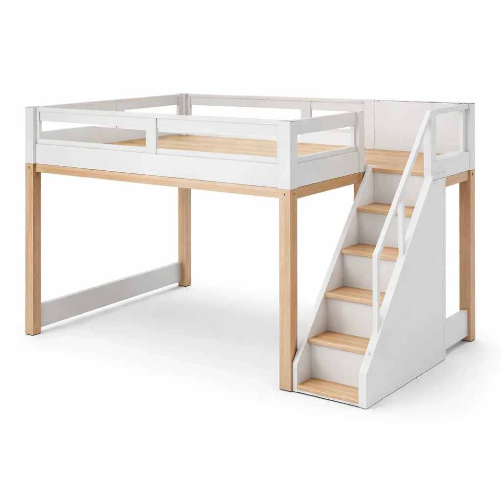 Lit mezzanine en pin massif blanc et bois clair - 2026