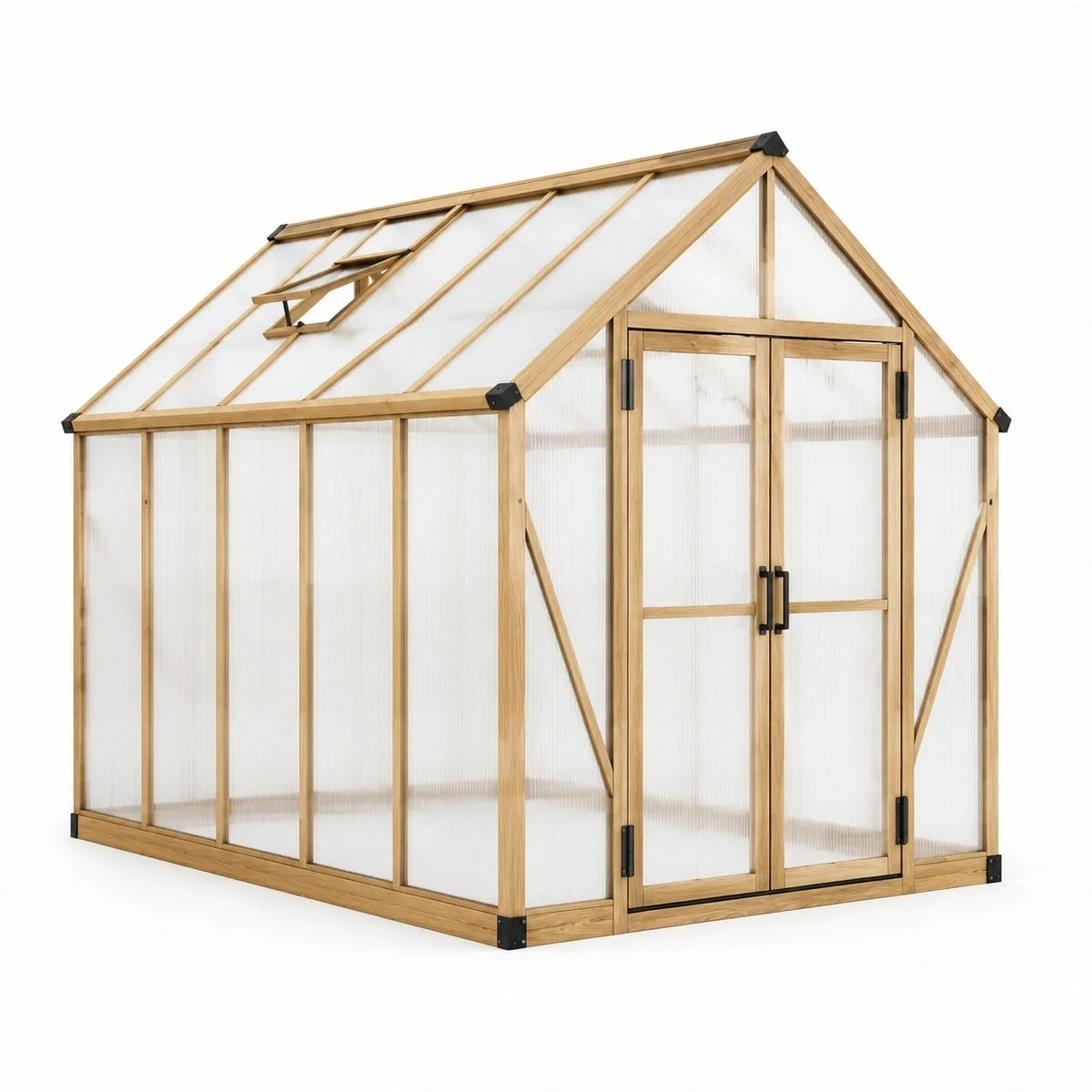 Serre de jardin en bois naturel et polycarbonate translucide 244 × 193 × 225 cm avec double porte et fenêtre de toit - 2026