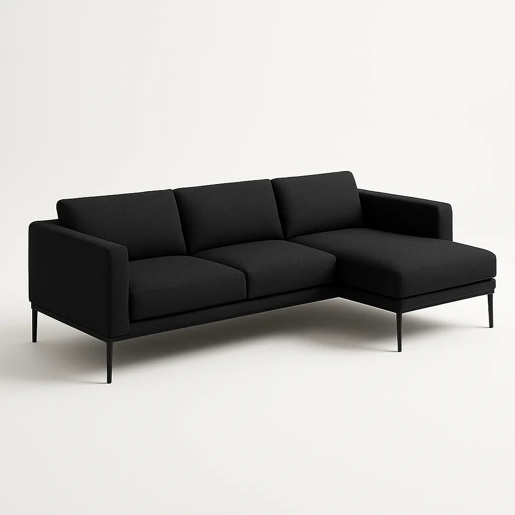 Canapé d'angle en tissu noir avec pieds en métal - 2026
