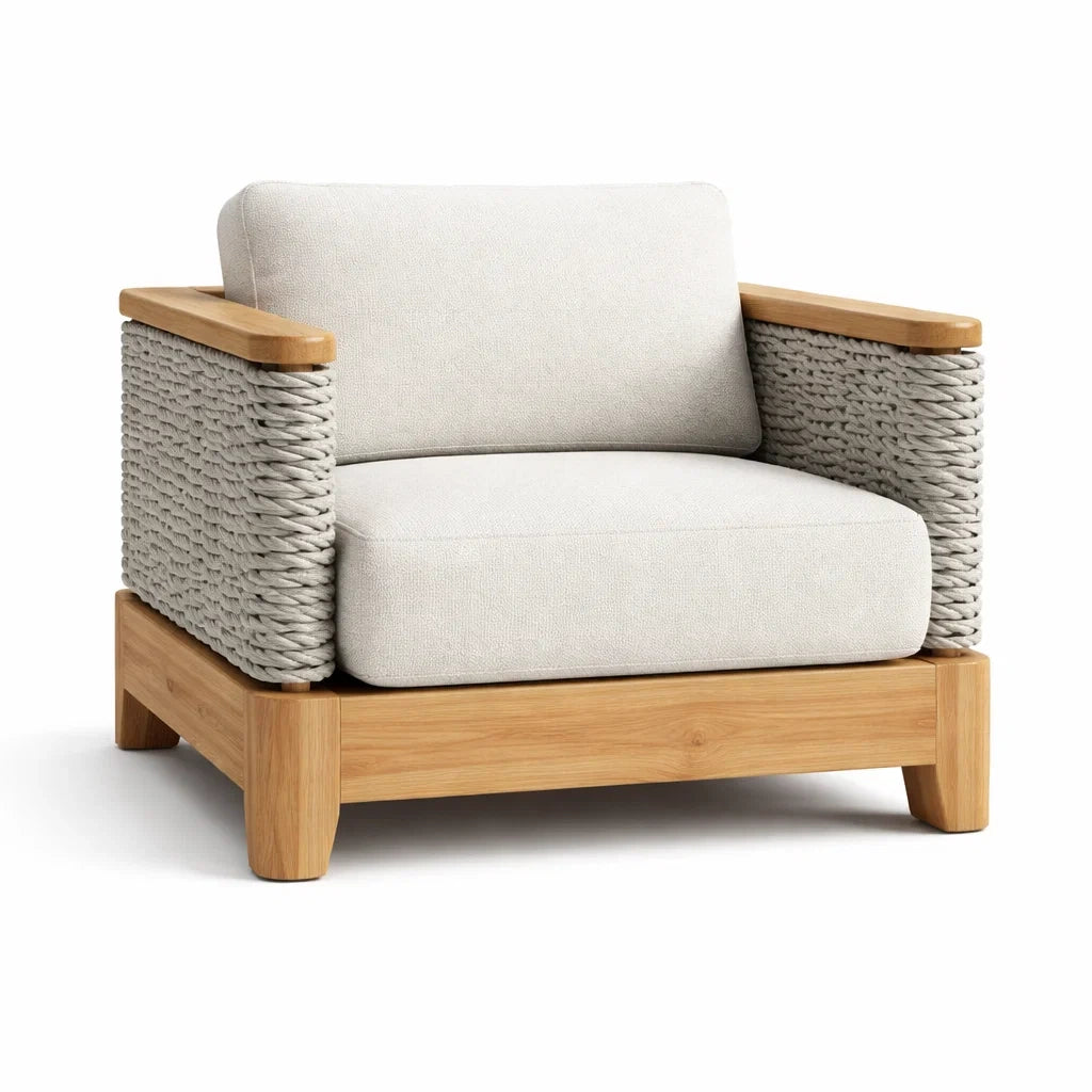 Fauteuil en bois avec accoudoirs en corde tressée et coussins en tissu - 2026