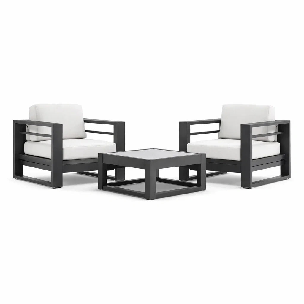 Ensemble de détente avec fauteuils de jardin en aluminium noir et coussins blancs - 2026