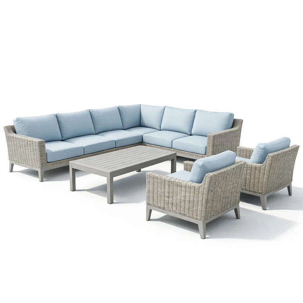 Salon de jardin en rotin synthétique gris avec coussins bleu clair - 2026