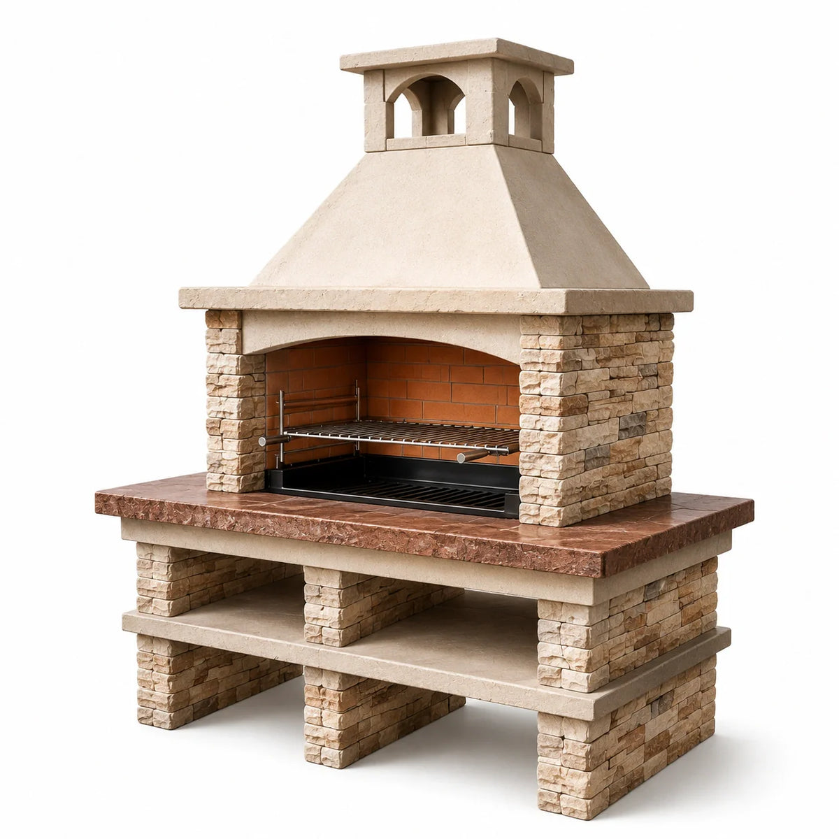 Barbecue en pierre reconstituée et marbre, grille en acier inoxydable, beige et marron 120x230x80 cm - 2026
