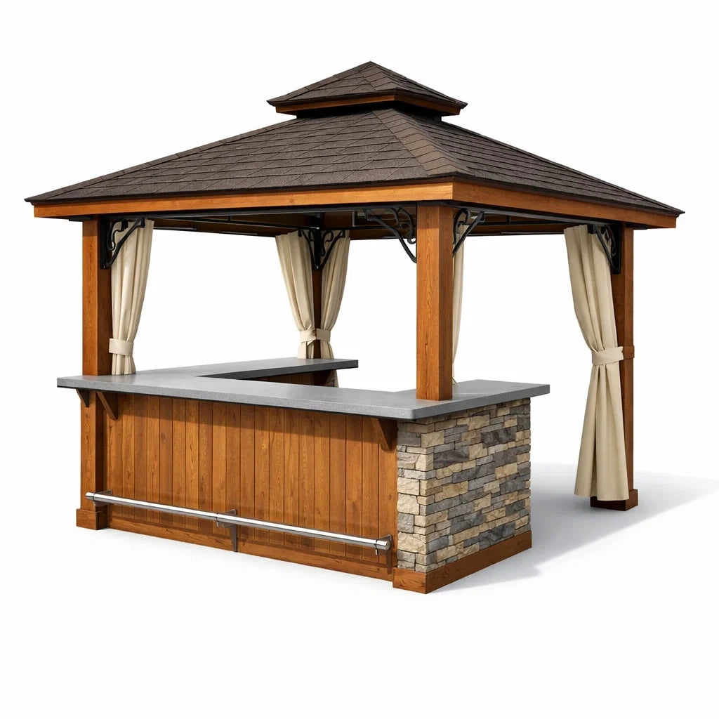 Kiosque bar de jardin en bois avec bar intégré et toit en bardeaux - 2026