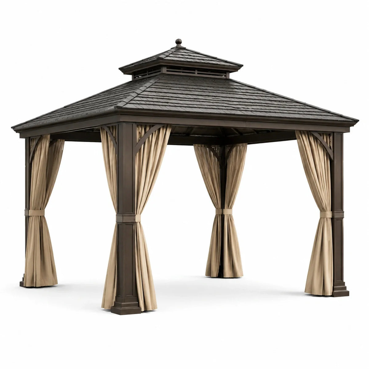Pavillon en métal avec toit en polycarbonate et rideaux beiges 300x400 cm - 2026