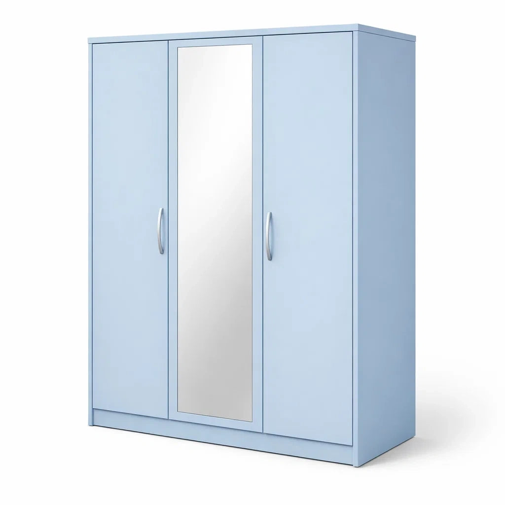 Armoire 3 portes en bois stratifié bleu avec miroir - 2026