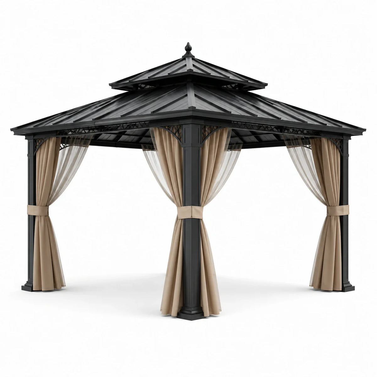 Pavillon de jardin en métal avec rideaux en polyester beige et noir 350x350 cm - 2026