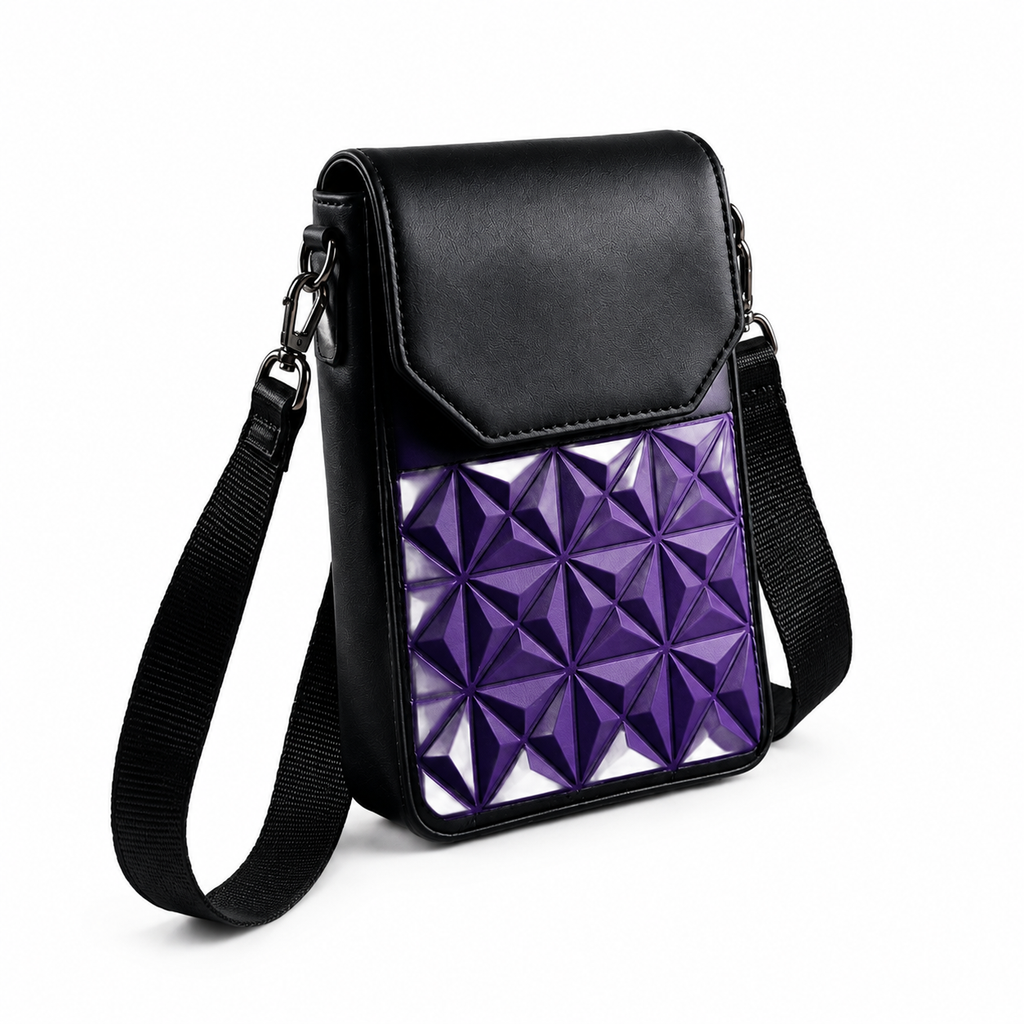 Sac Bandoulière Femme 3D Géométrique – Pochette Téléphone Chic & Pratique, Grande Capacité, Bandoulière Réglable, Similicuir Premium Violet & Noir