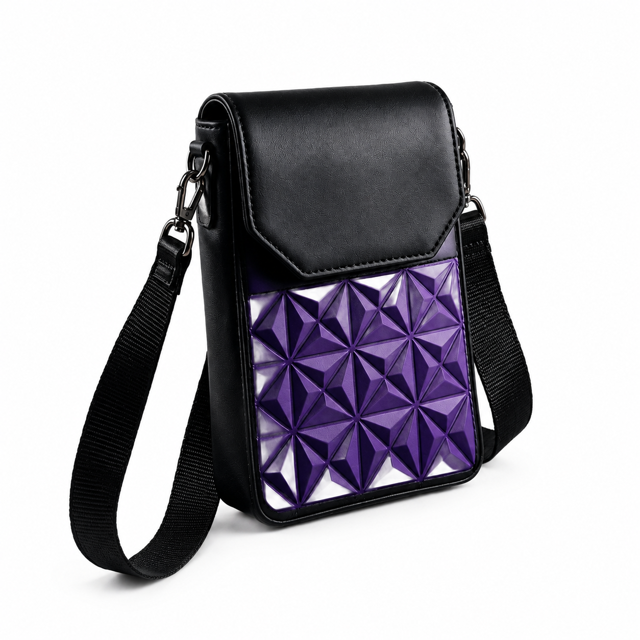 Sac Bandoulière Femme 3D Géométrique – Pochette Téléphone Chic & Pratique, Grande Capacité, Bandoulière Réglable, Similicuir Premium Violet & Noir