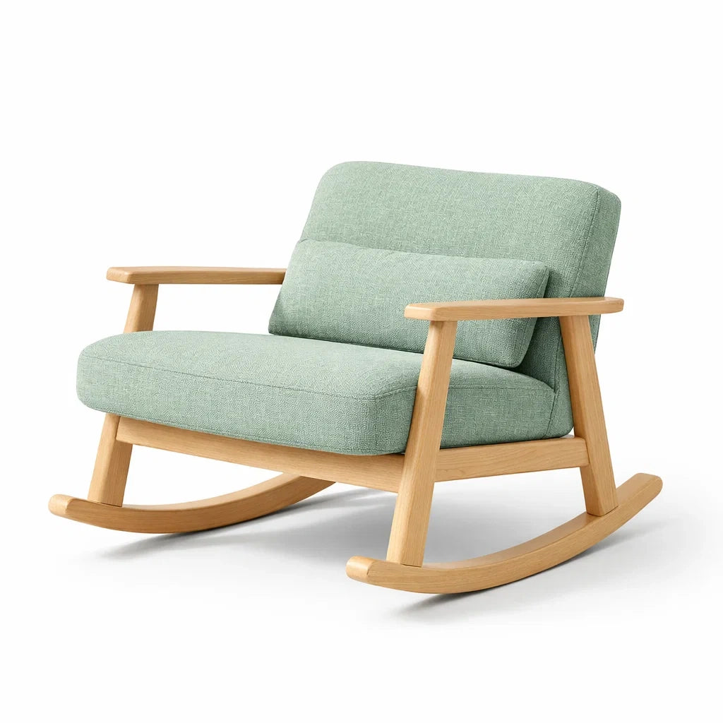 Fauteuil à bascule d’intérieur en bois avec revêtement en tissu vert - 2026