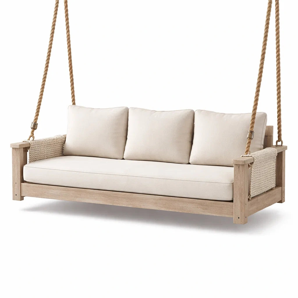 Balancelle de porche en bois avec coussins en lin beige - 2026