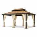 Pavillon de Jardin en Aluminium avec Toit en Cèdre et Rideaux en Polyester Beige - 2026