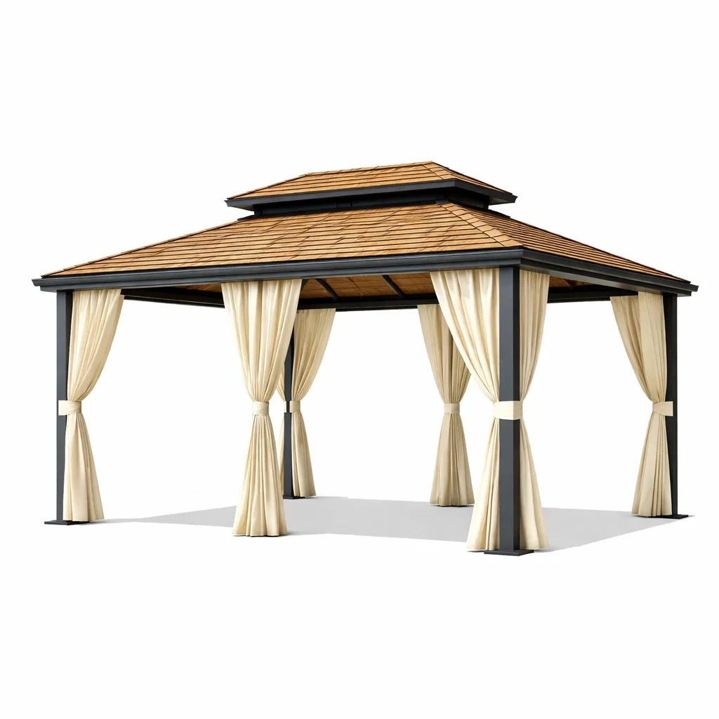 Pavillon de Jardin en Aluminium avec Toit en Cèdre et Rideaux en Polyester Beige - 2026