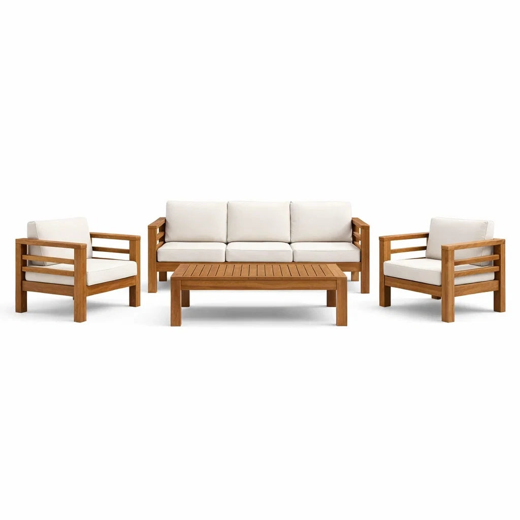 Ensemble de salon en bois avec coussins en polyester blancs - 2026