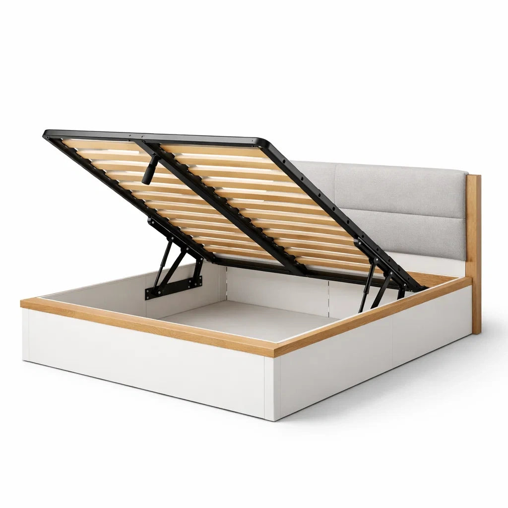 Lit avec rangement en panneaux de particules et tissu polyester chêne clair et gris - 2026