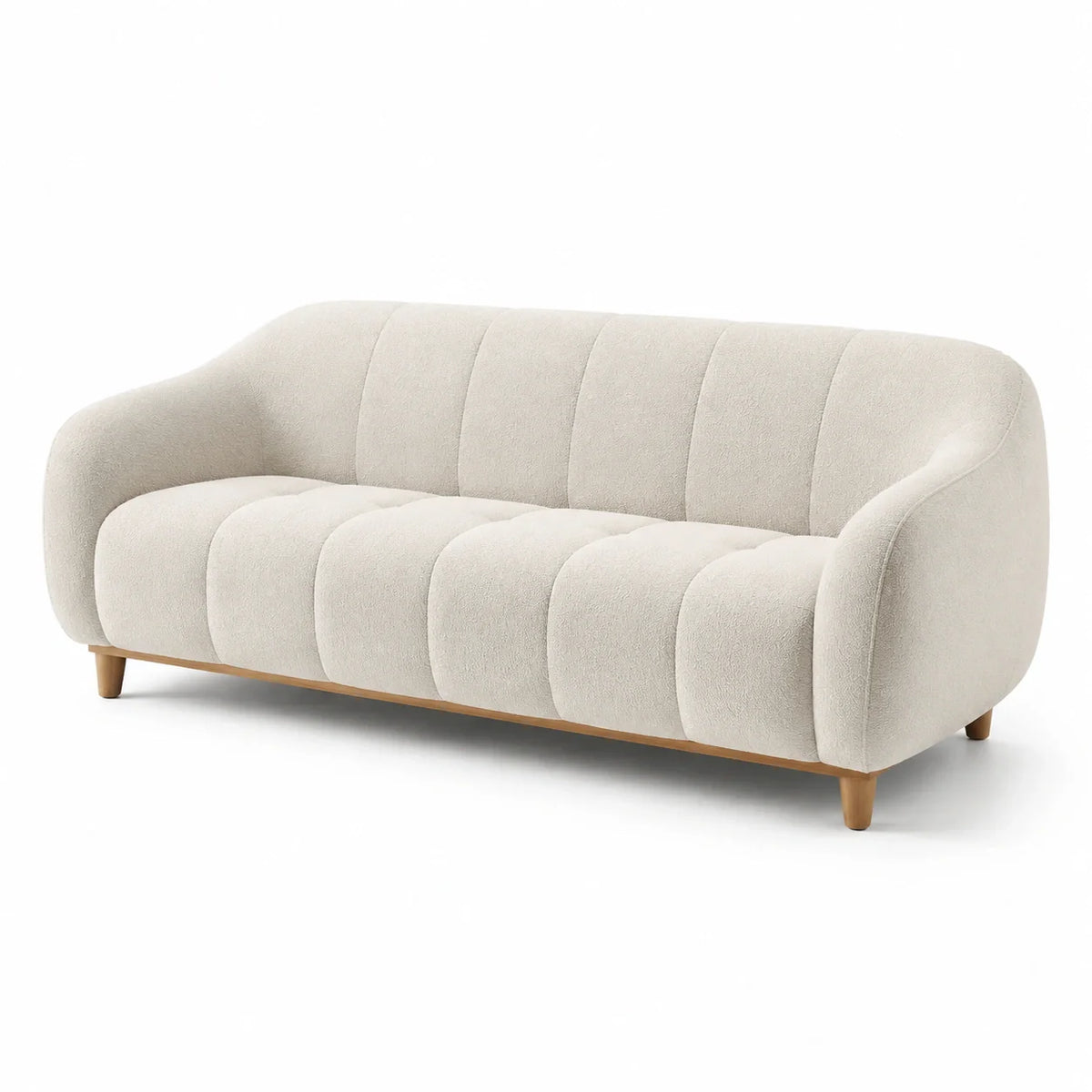 Canapé 3 places en tissu bouclé beige avec pieds en bois - 2026