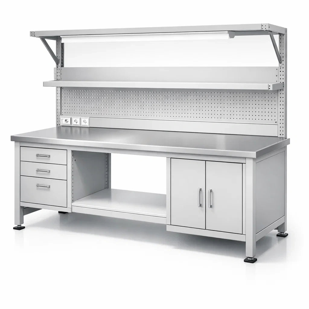 Établi en acier inoxydable avec étagères et prises 200x80x150 cm - 2026
