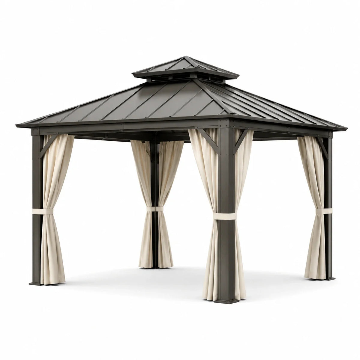 Pavillon en aluminium avec toit en acier et rideaux en polyester beige - 2026