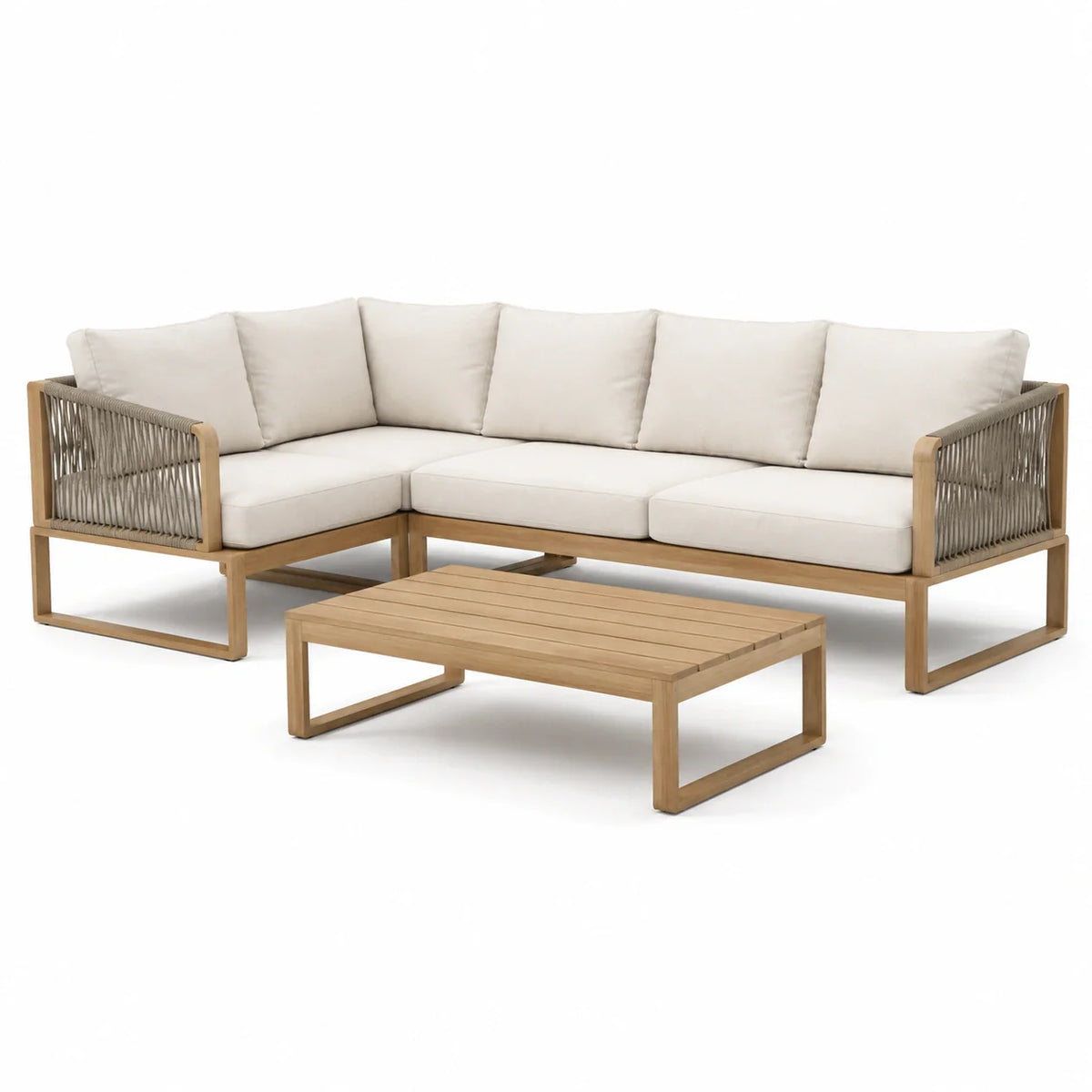 Salon de jardin en bois d'acacia avec canapé d'angle et table basse en corde beige - 2026