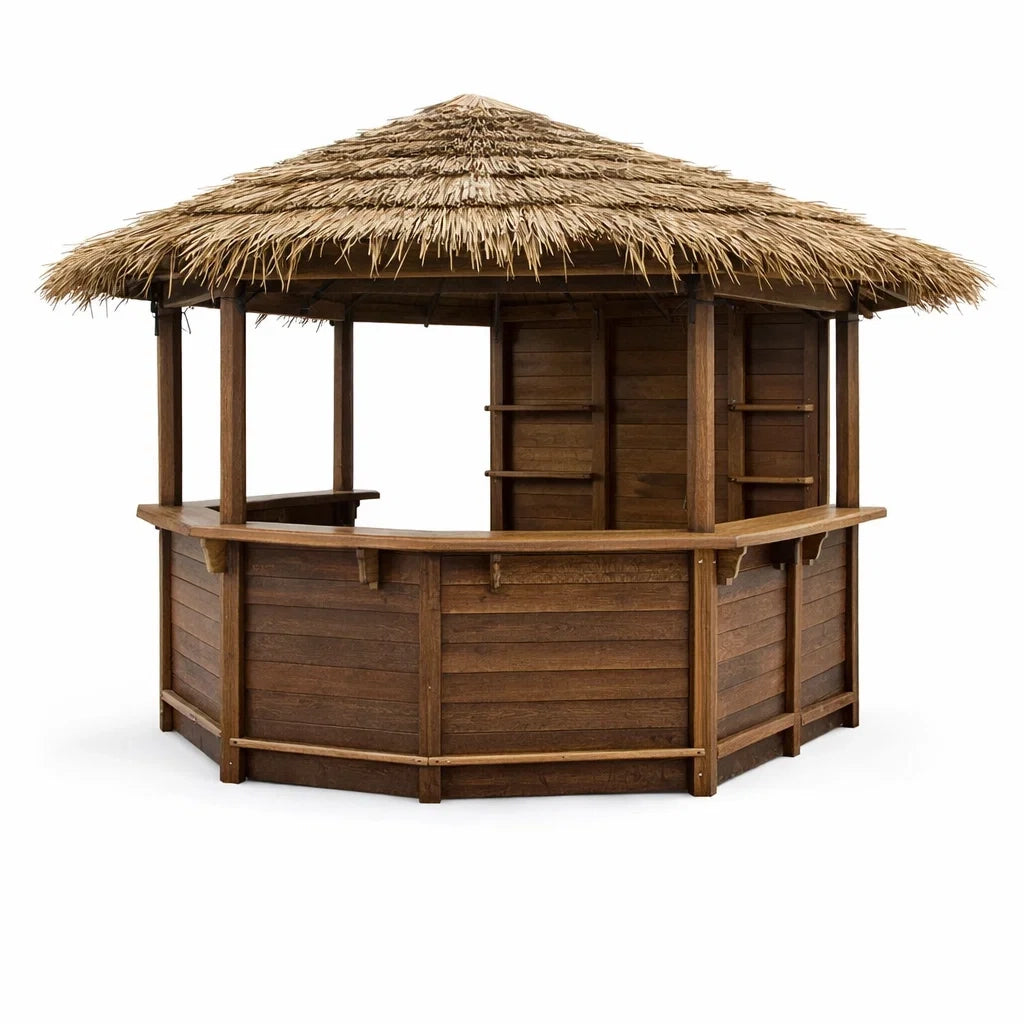 Kiosque de jardin en bois massif avec toit en chaume - 2026