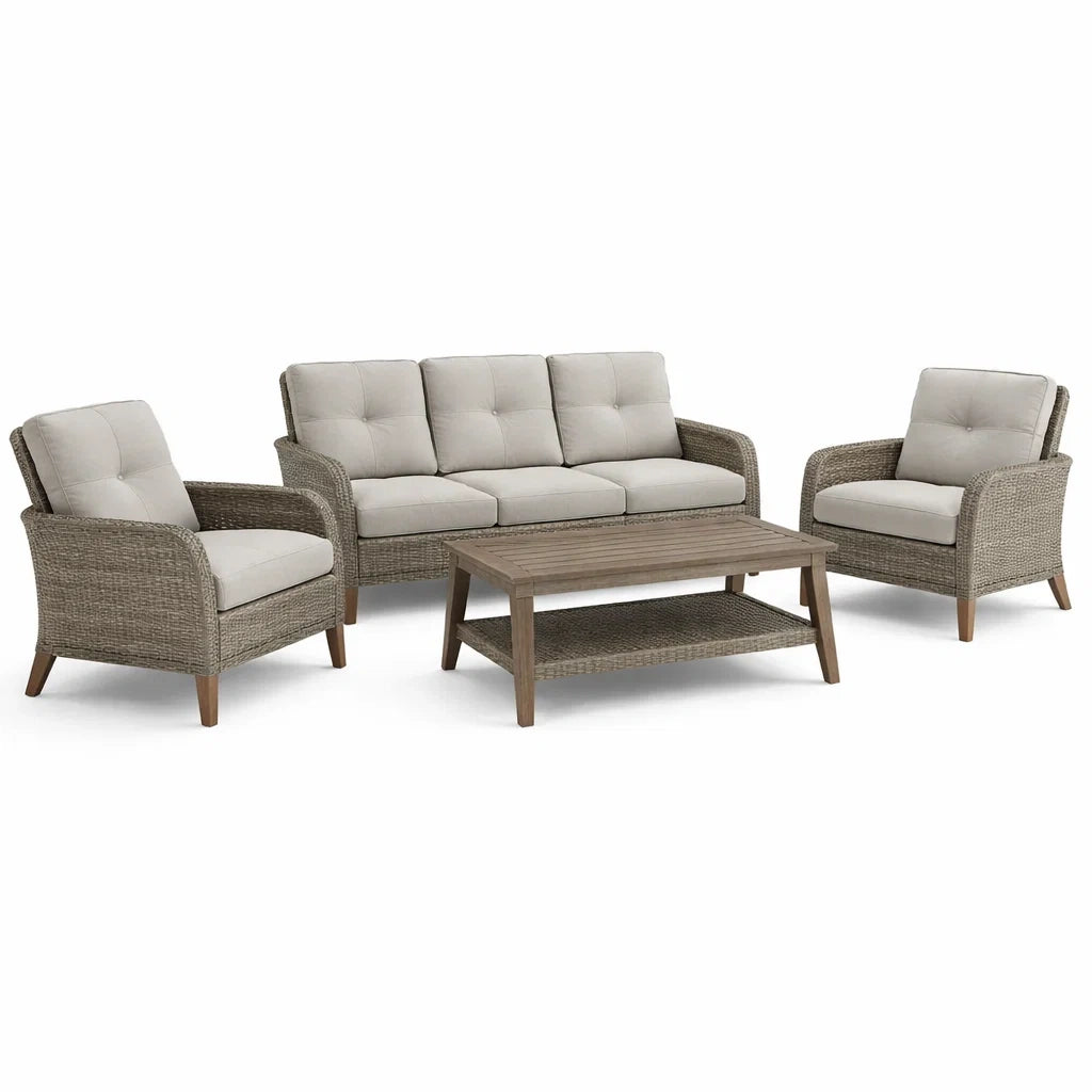 Ensemble de canapés en résine tressée avec coussins en polyester et table en bois d’acacia - 2026