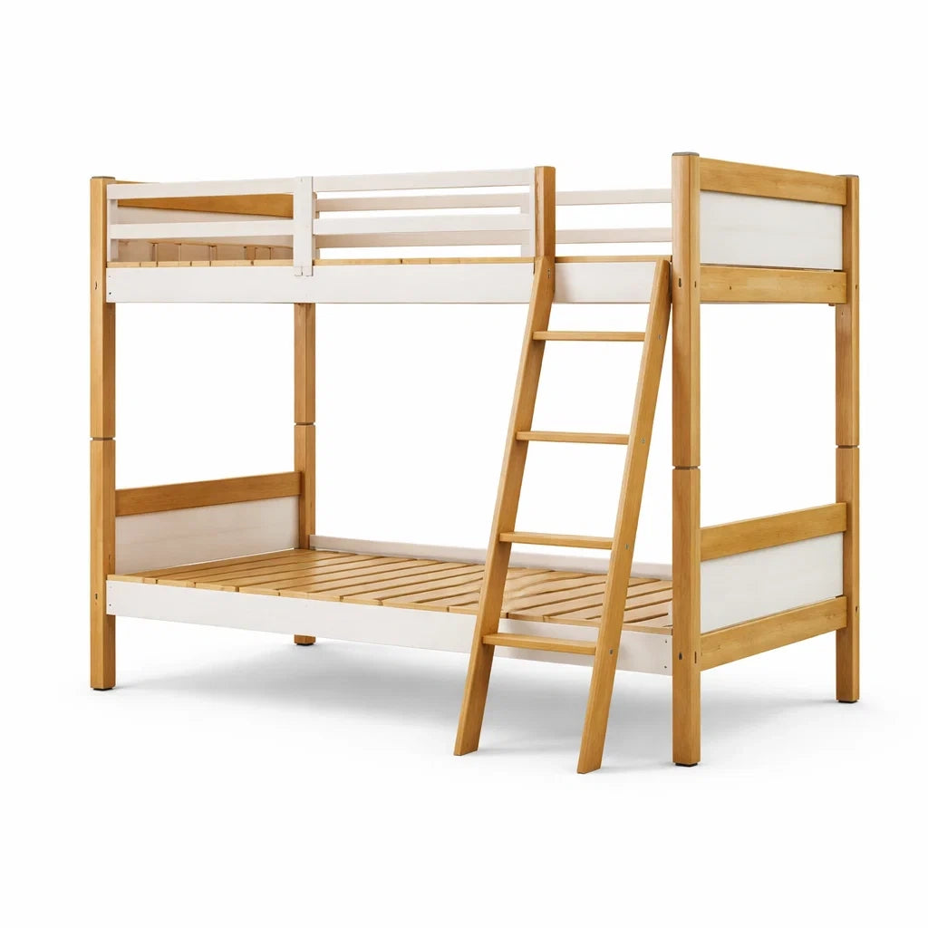 Lit superposé en bois et mdf blanc et naturel - 2026