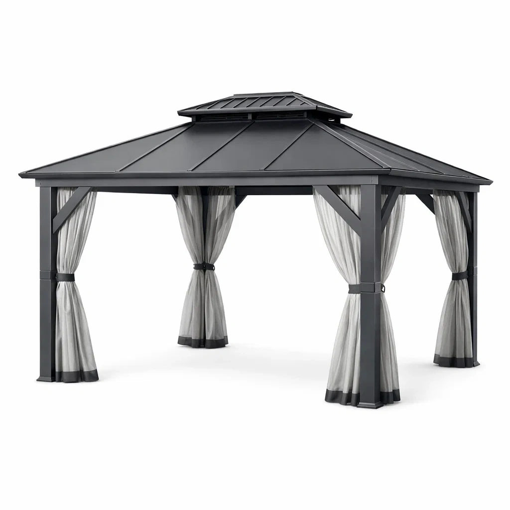 Pavillon en aluminium avec rideaux en polyester gris clair - 2026