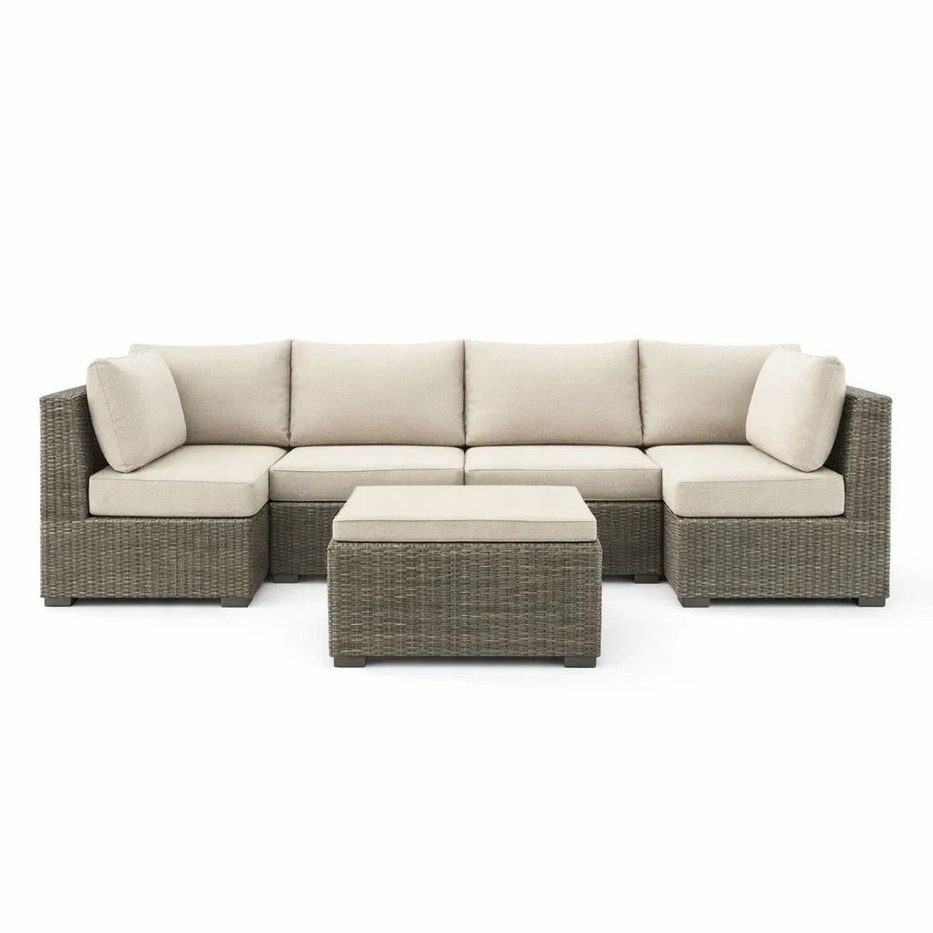 Ensemble de canapés d'angle modulaire en résine tressée gris avec coussins beige - 2026