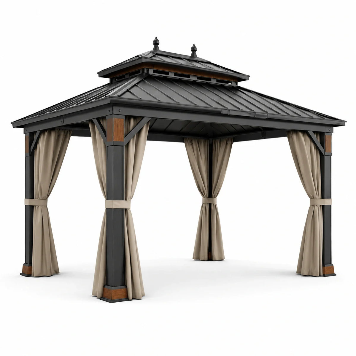 Tonnelle de jardin en aluminium et acier avec rideaux en polyester beige - 2026