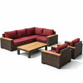 Salon de jardin en rotin brun et bois avec coussins rouges - 2026