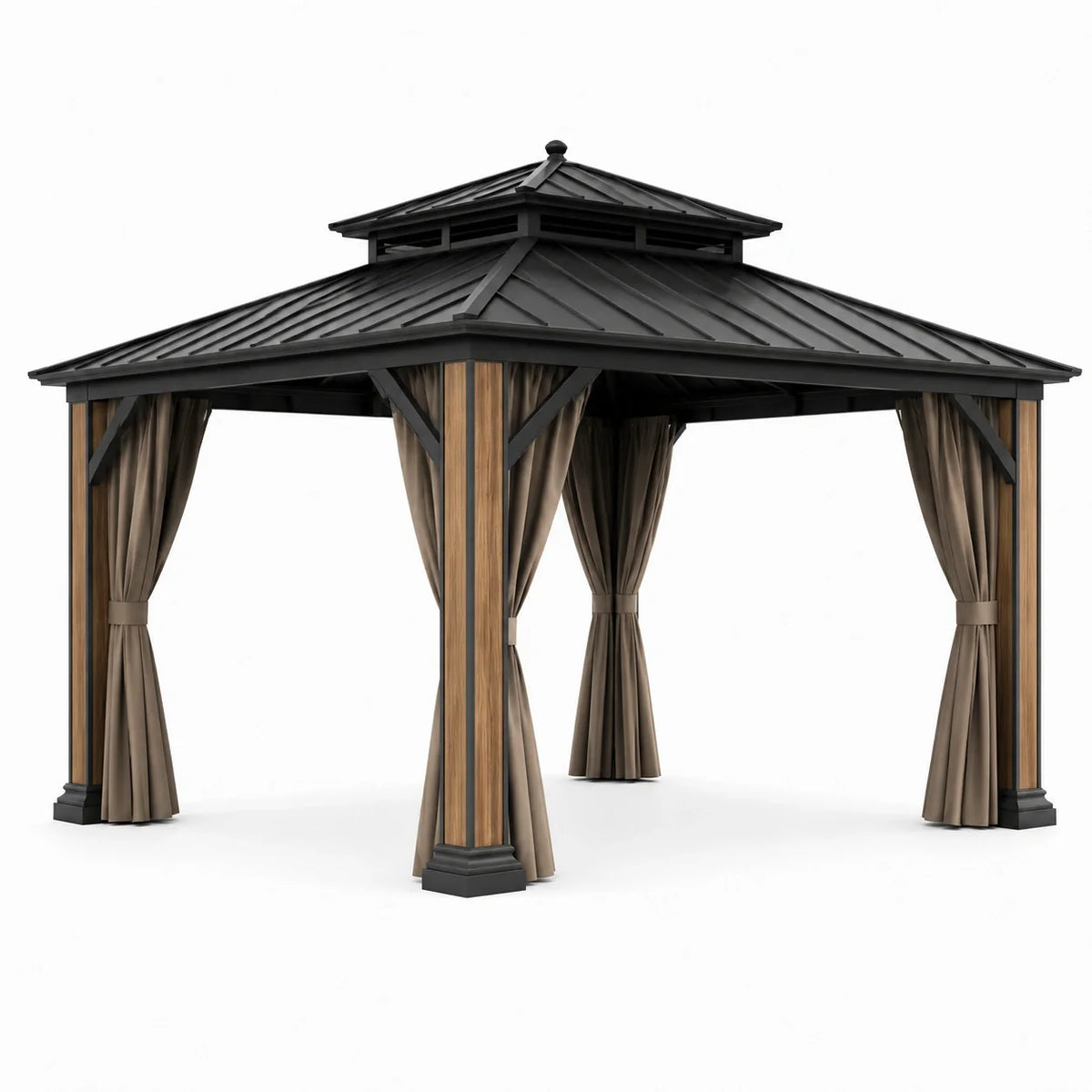 Pavillon de jardin en métal avec rideaux en polyester marron - 2026
