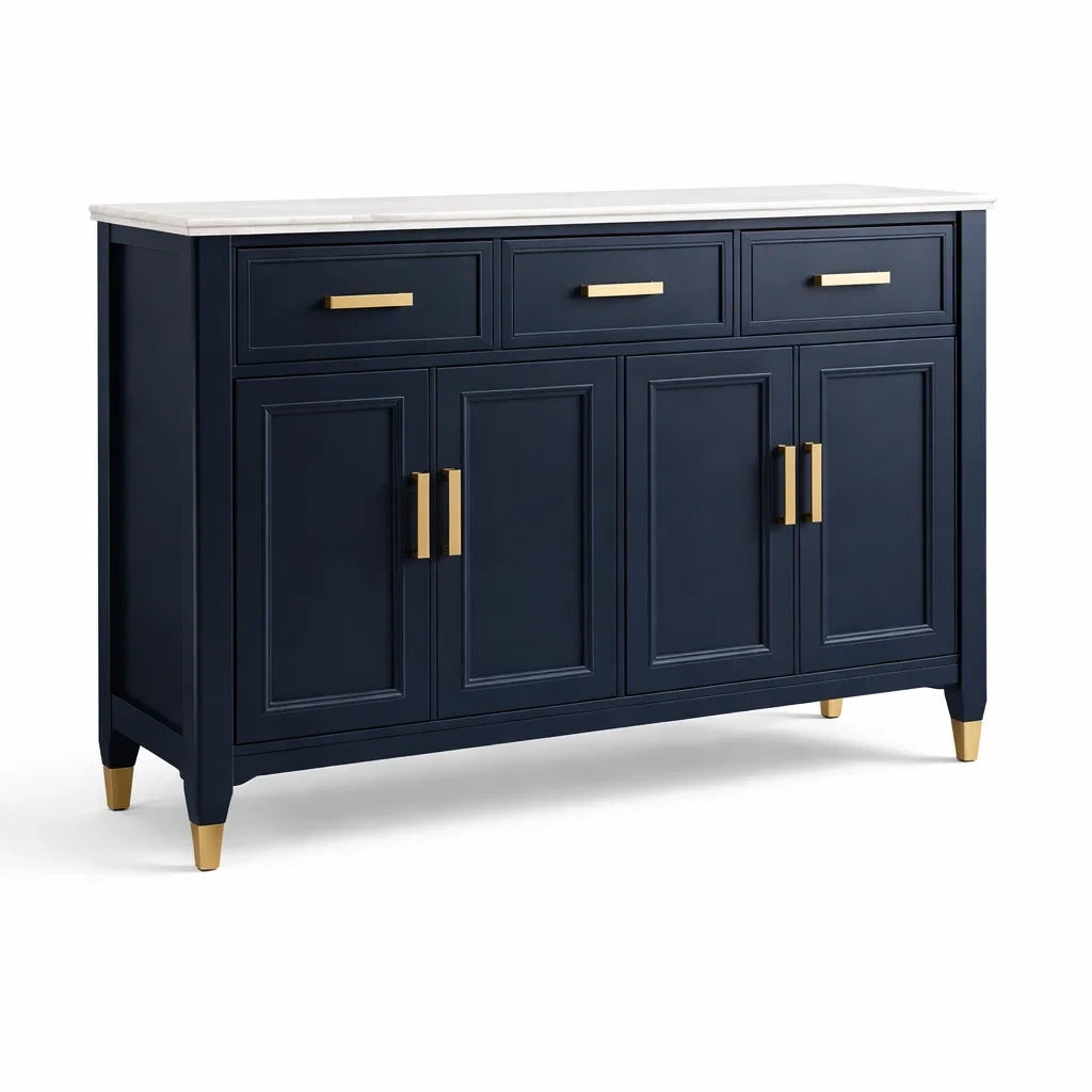 Buffet en Bois Bleu avec Plateau en Marbre Blanc et Poignées Dorées - 2026